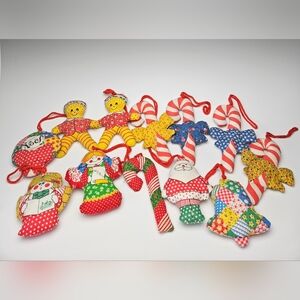 Lot of 13 Vintage Calico Fabric Christmas Ornaments Cut n' Sew Santa Angel Bell